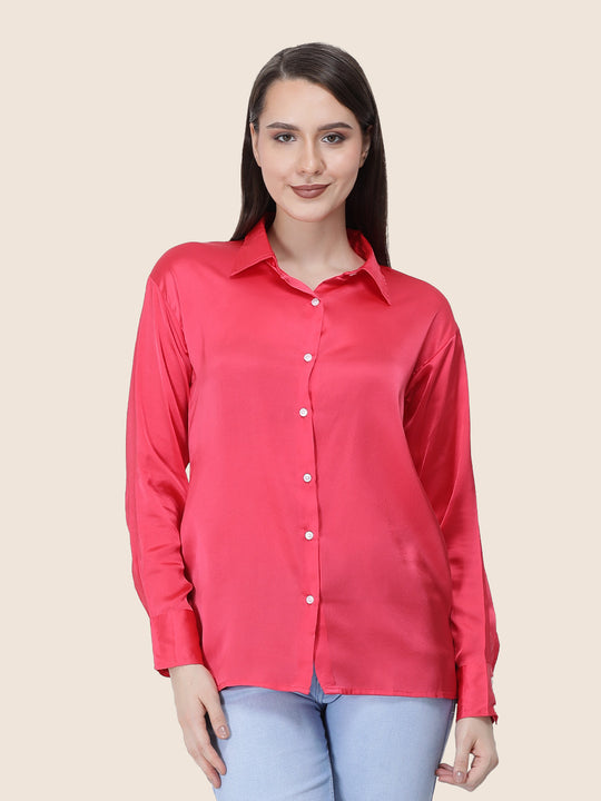 Women'S Premium Ruby Pink Regular Fit Solid Satin Shirt