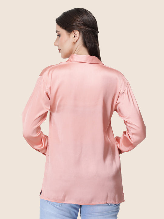 Women'S Premium Peachy Pink Regular Fit Solid Satin Shirt