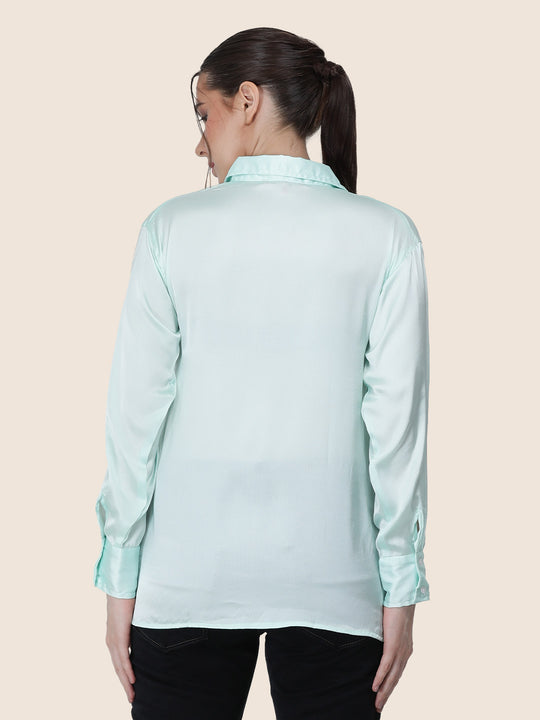 Women'S Premium Ice Green Regular Fit Solid Satin Shirt