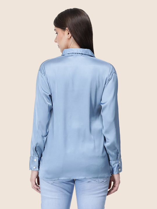 Women'S Premium Steel Blue Regular Fit Solid Satin Shirt