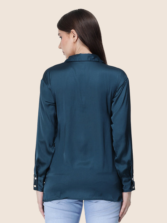 Women'S Premium Deep Teal Regular Fit Solid Satin Shirt