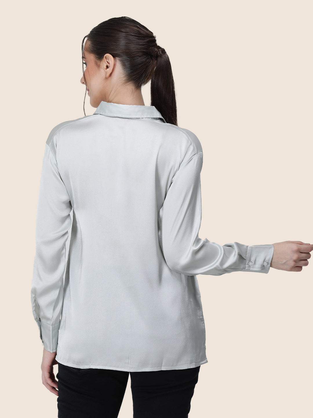 Women'S Premium Steel Grey Regular Fit Solid Satin Shirt