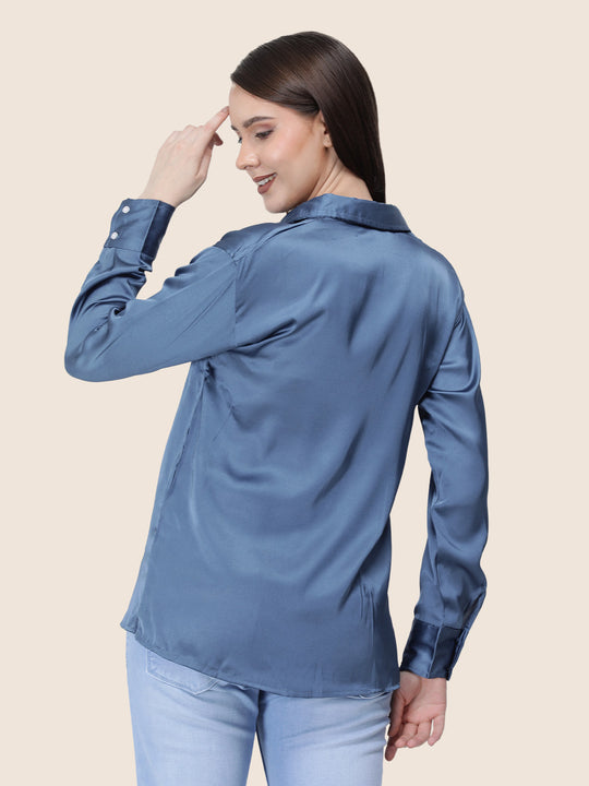 Women'S Premium Marble Blue Regular Fit Solid Satin Shirt