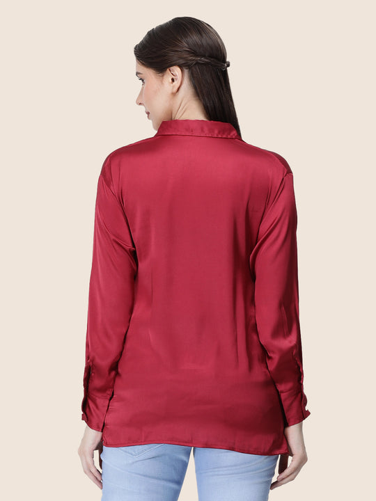 Women'S Premium Maroon Regular Fit Solid Satin Shirt