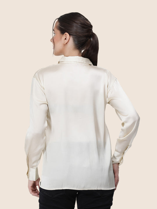 Women'S Premium Off White Regular Fit Solid Satin Shirt