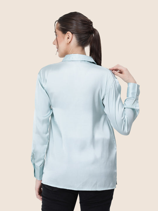 Women'S Premium Light Cyan Regular Fit Solid Satin Shirt