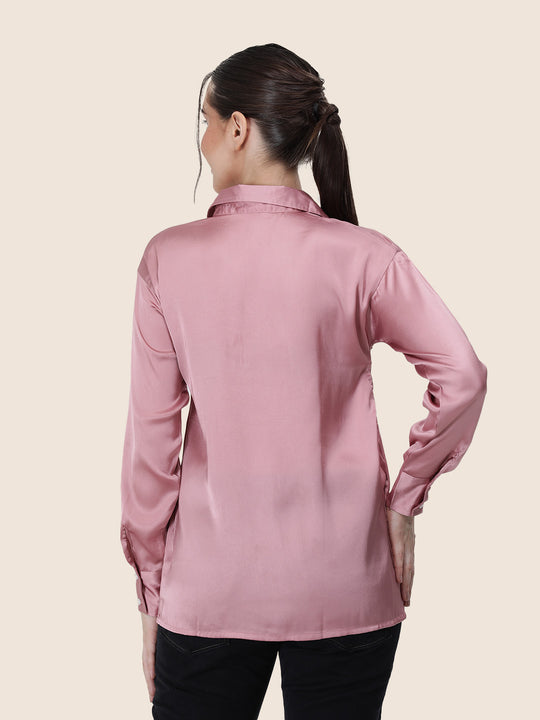 Women'S Premium Blush Pink Regular Fit Solid Satin Shirt
