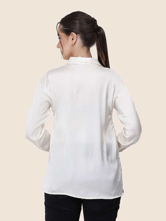 Women'S Premium Vanilla Regular Fit Solid Satin Shirt
