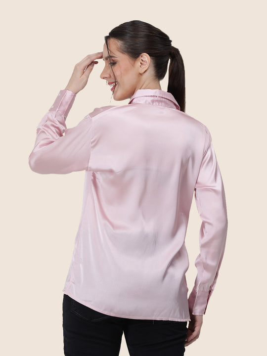 Women'S Premium Light Pink Regular Fit Solid Satin Shirt
