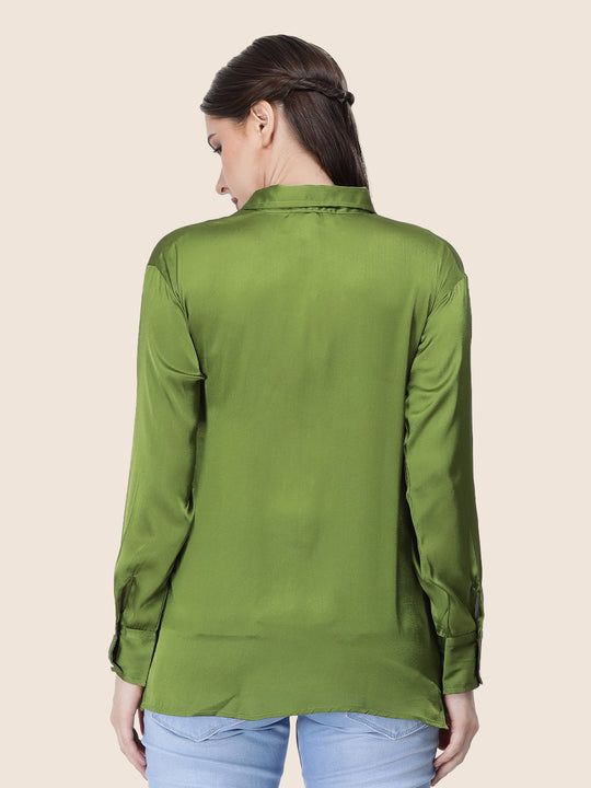 Women'S Premium Olive Regular Fit Solid Satin Shirt