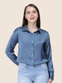 Women'S Premium Marble Blue Regular Fit Solid Satin Shirt