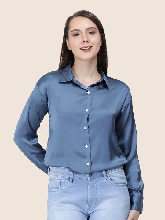 Women'S Premium Marble Blue Regular Fit Solid Satin Shirt