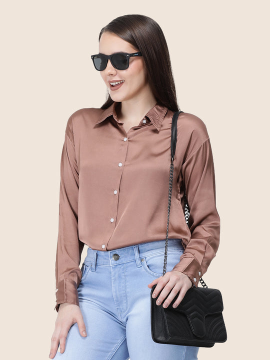 Women'S Premium Brown Sugar Regular Fit Solid Satin Shirt