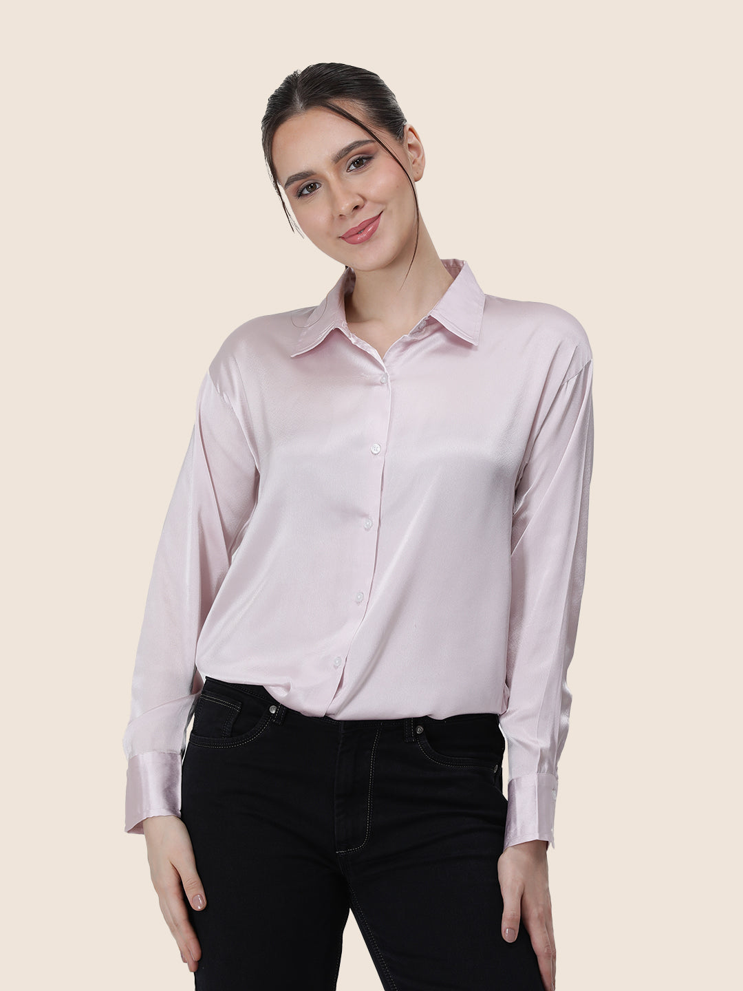 Women'S Premium Baby Pink Regular Fit Solid Satin Shirt