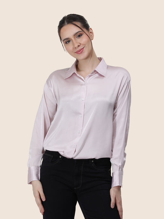 Women'S Premium Baby Pink Regular Fit Solid Satin Shirt