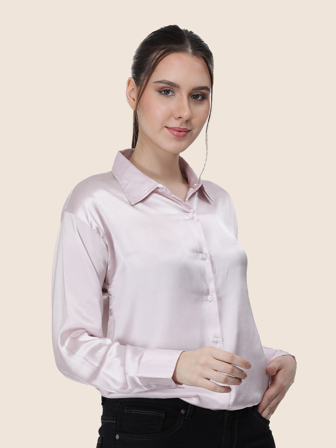 Women'S Premium Baby Pink Regular Fit Solid Satin Shirt