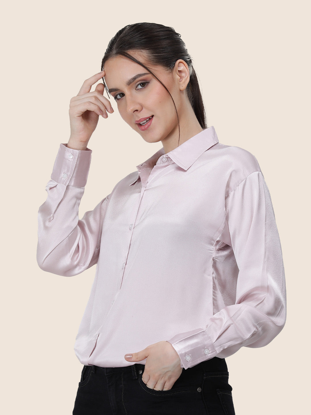 Women'S Premium Baby Pink Regular Fit Solid Satin Shirt
