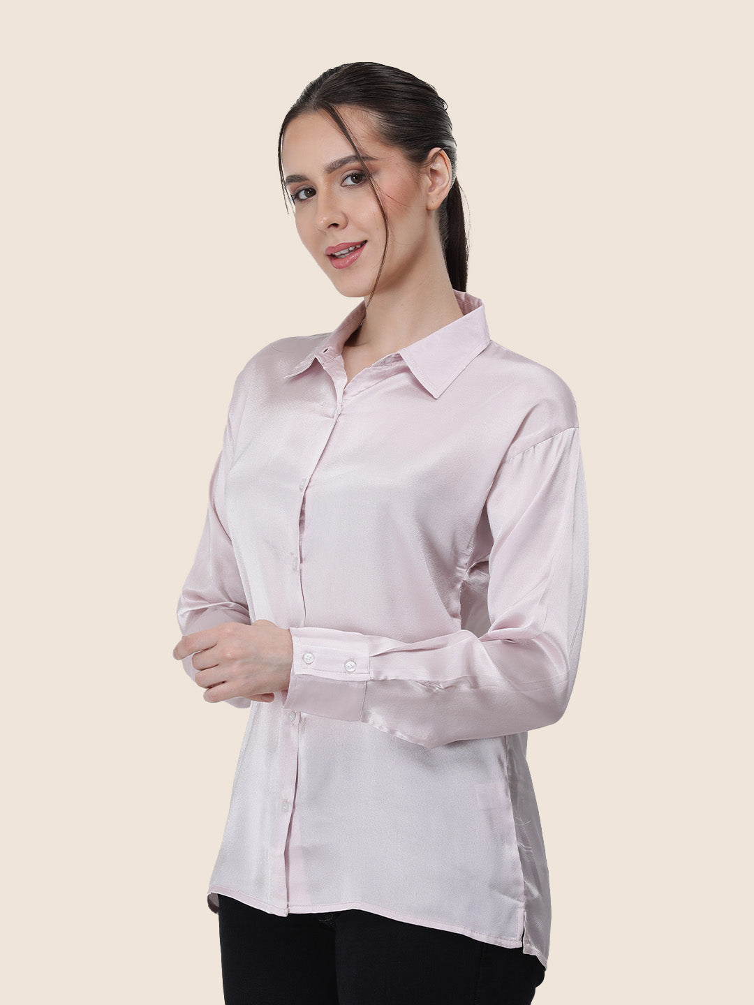 Women'S Premium Baby Pink Regular Fit Solid Satin Shirt