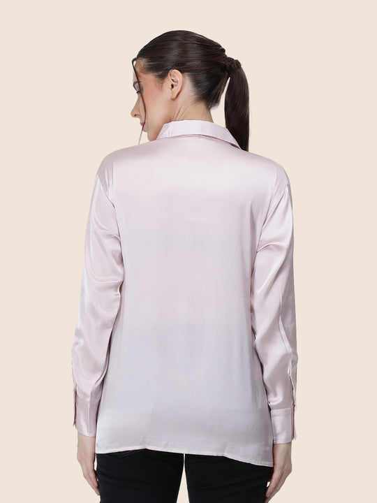 Women'S Premium Baby Pink Regular Fit Solid Satin Shirt