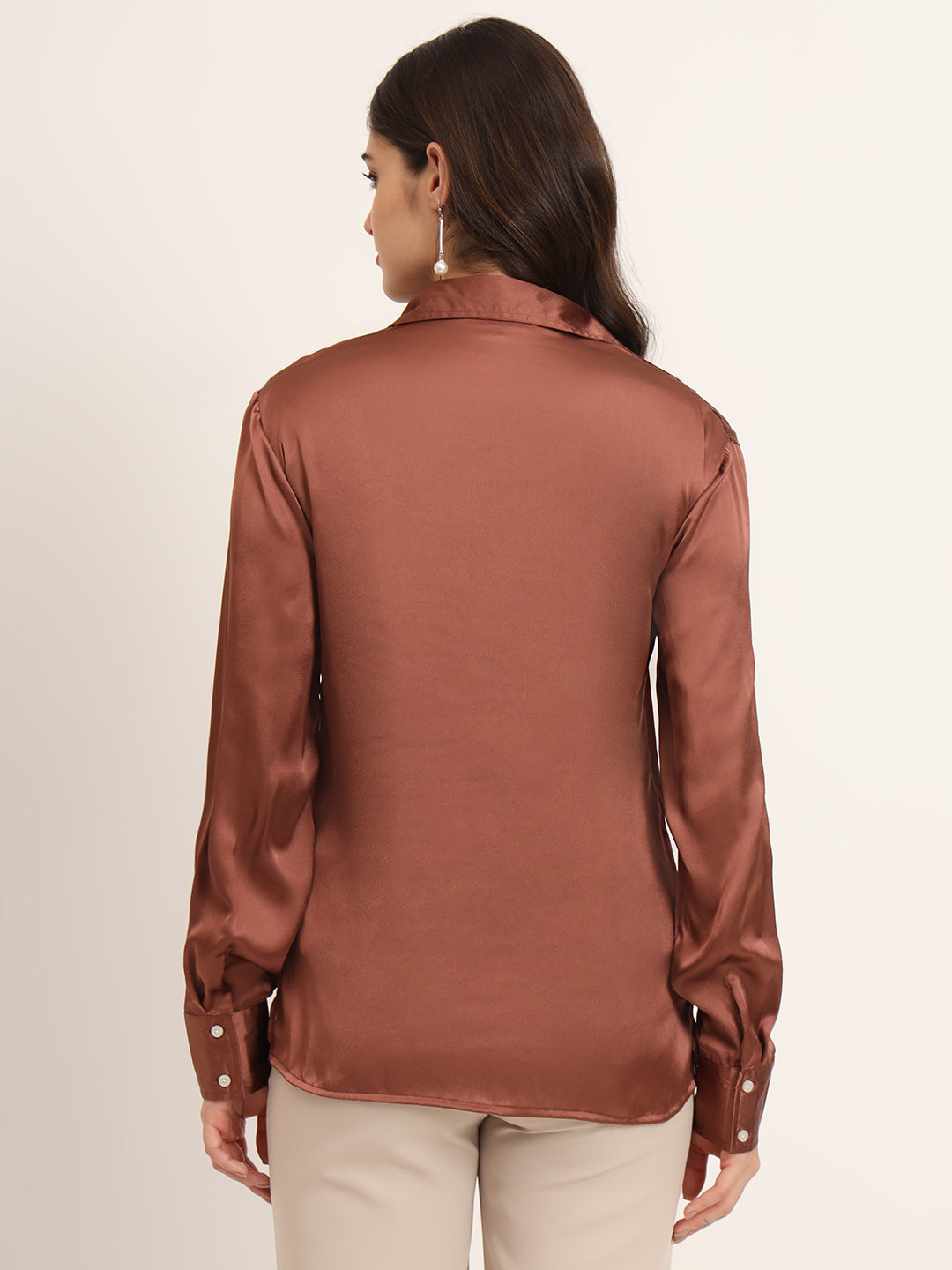 Women'S Premium Cocoa Regular Fit Solid Satin Shirt
