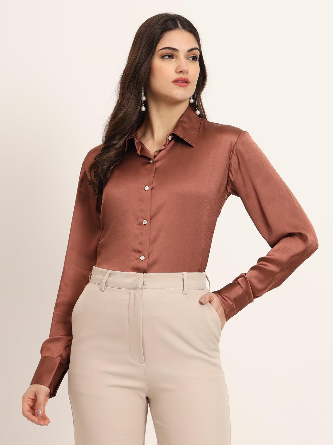Women'S Premium Cocoa Regular Fit Solid Satin Shirt