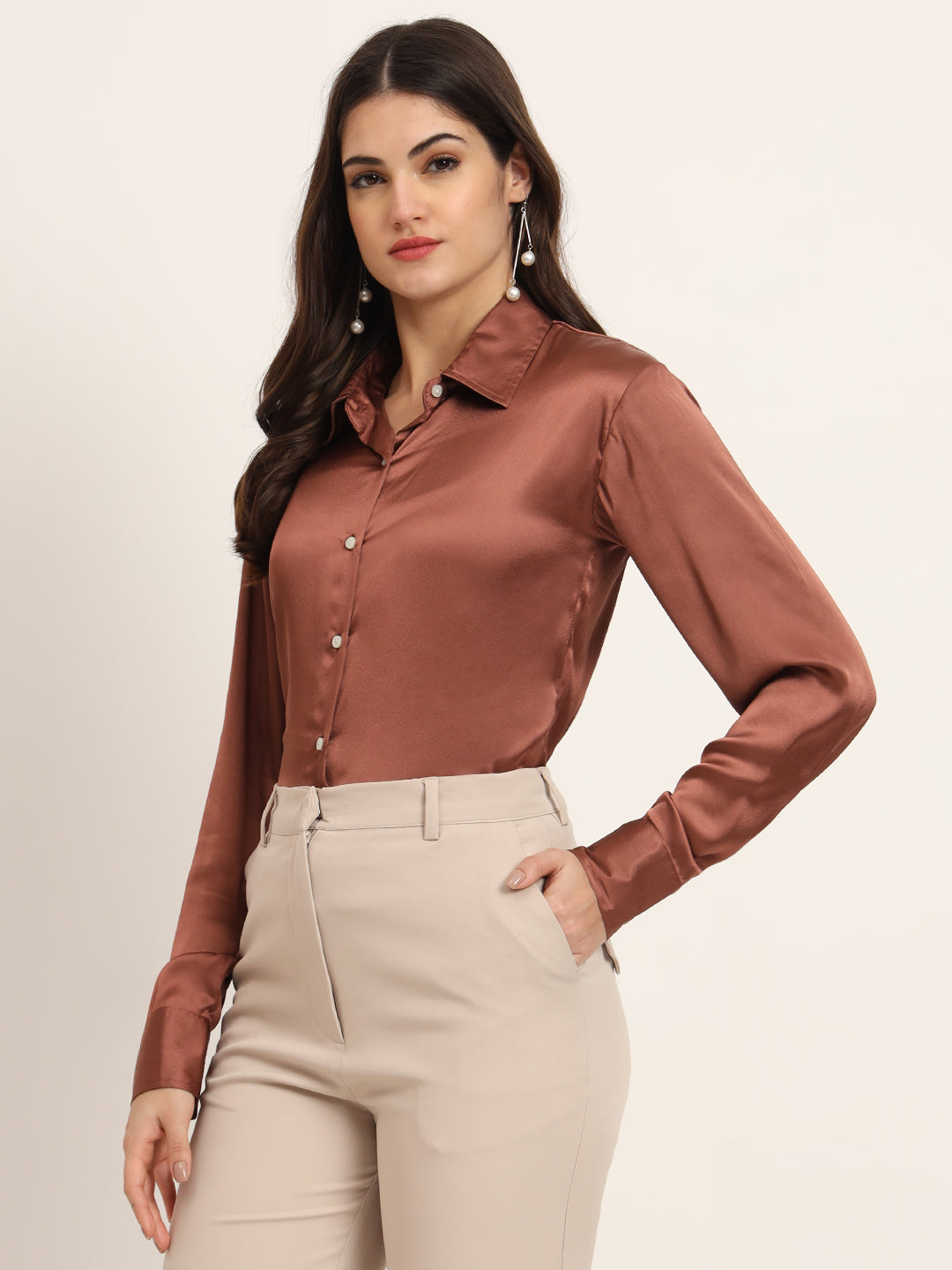 Women'S Premium Cocoa Regular Fit Solid Satin Shirt