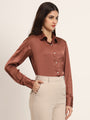 Women'S Premium Cocoa Regular Fit Solid Satin Shirt