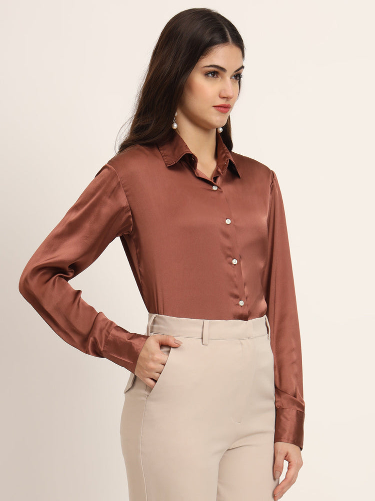 Women'S Premium Cocoa Regular Fit Solid Satin Shirt