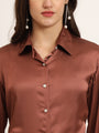 Women'S Premium Cocoa Regular Fit Solid Satin Shirt