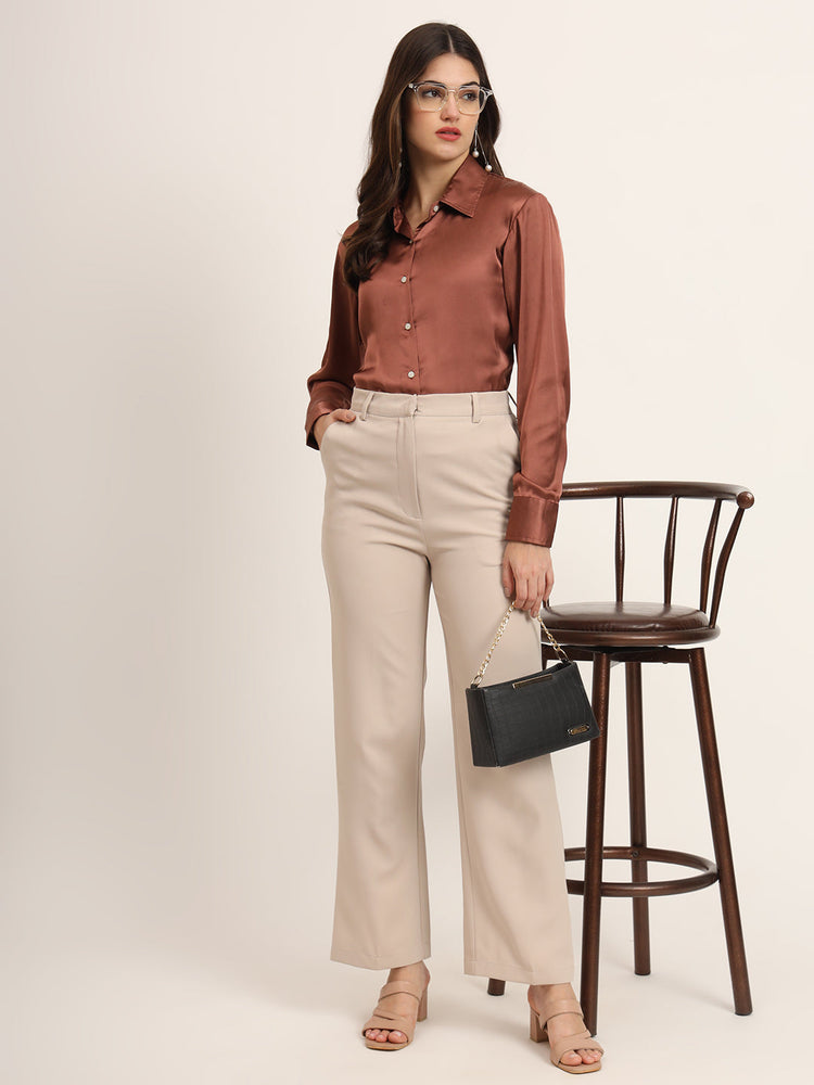 Women'S Premium Cocoa Regular Fit Solid Satin Shirt
