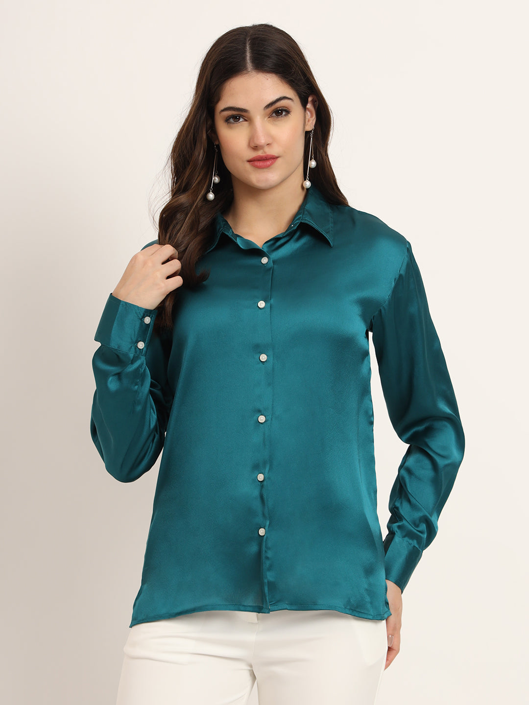 Women'S Premium Peacock Regular Fit Solid Satin Shirt