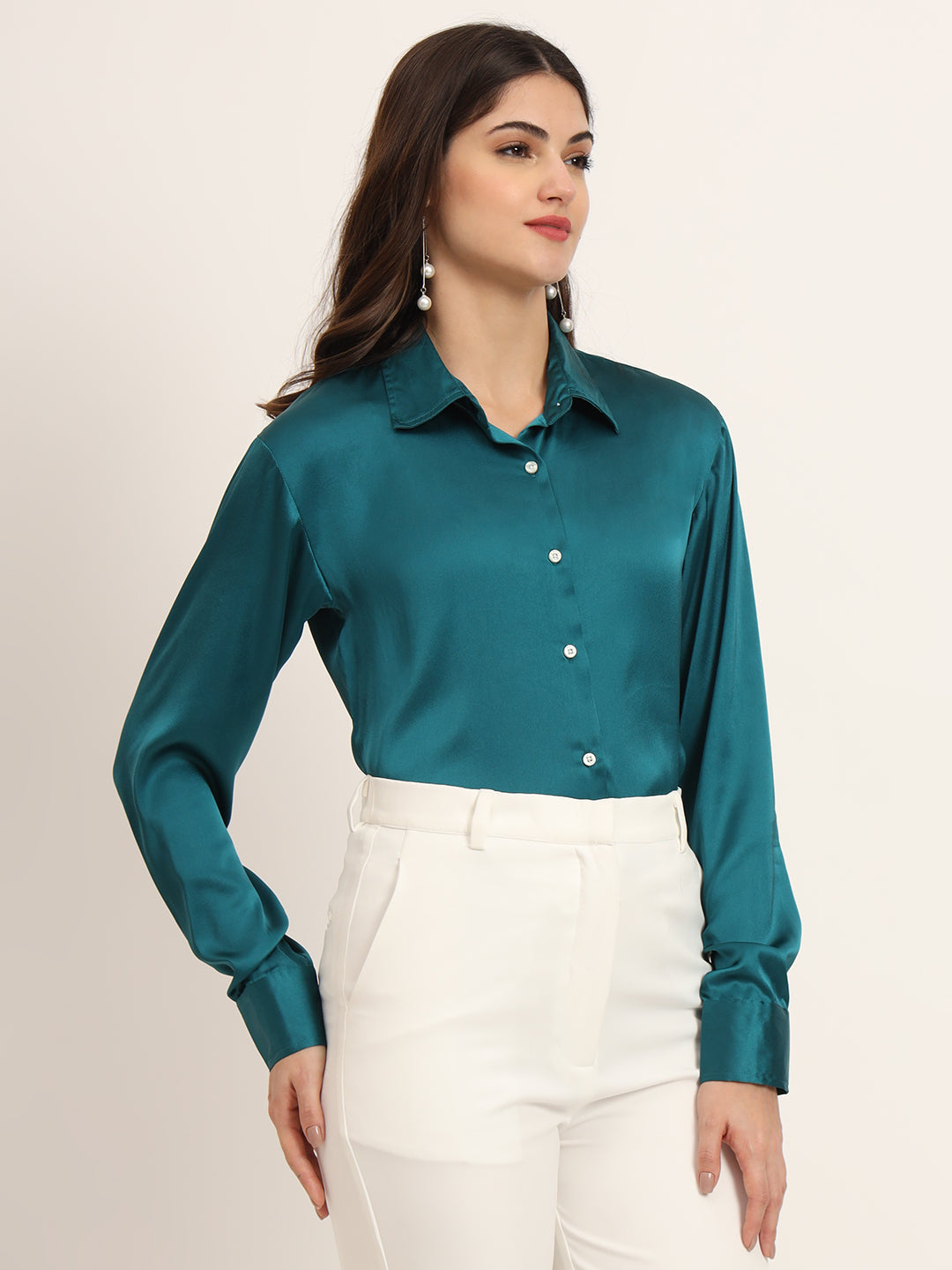 Women'S Premium Peacock Regular Fit Solid Satin Shirt
