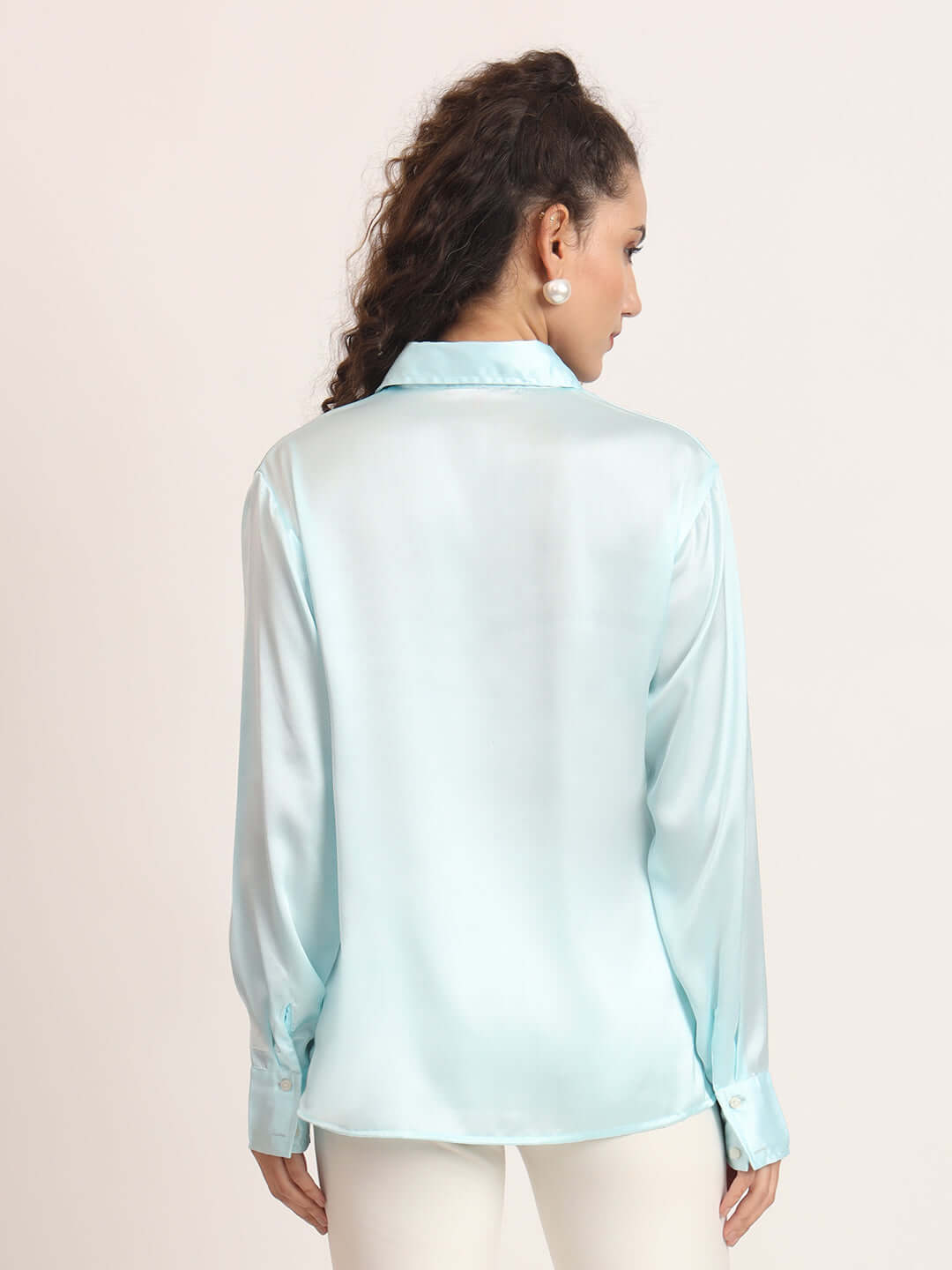 Women'S Premium Sky Blue Regular Fit Solid Satin Shirt