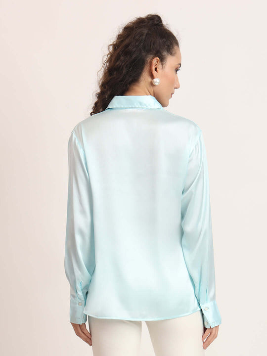 Women'S Premium Sky Blue Regular Fit Solid Satin Shirt
