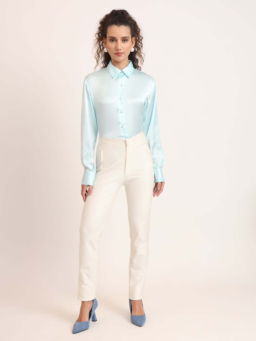 Women'S Premium Sky Blue Regular Fit Solid Satin Shirt