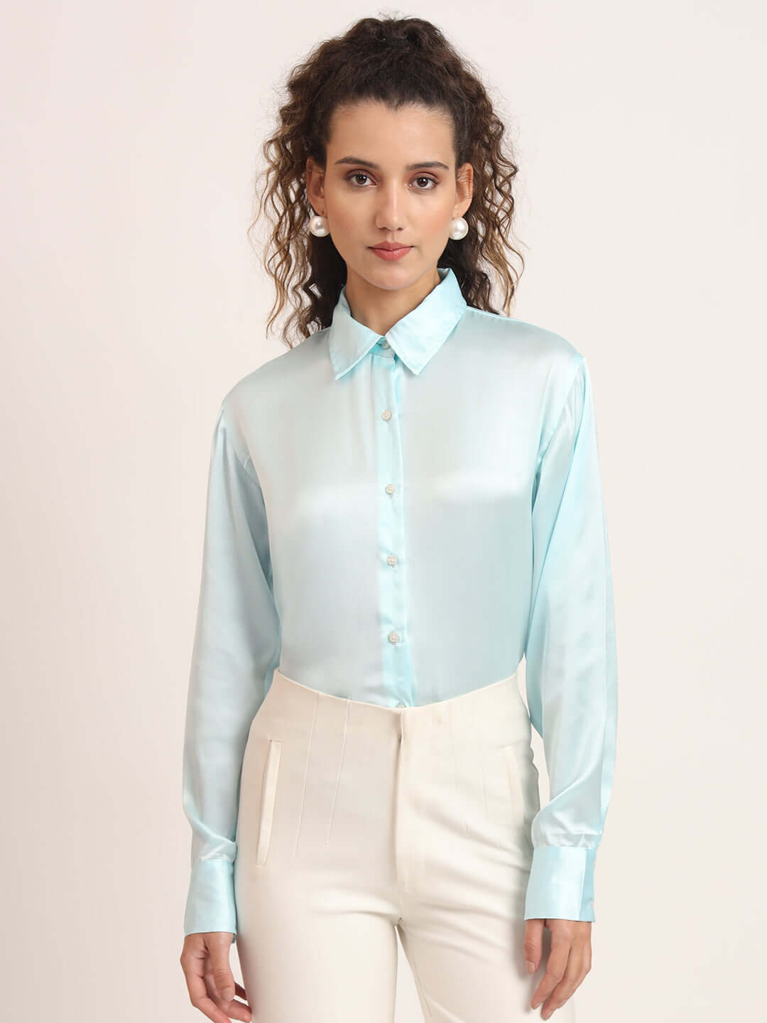 Women'S Premium Sky Blue Regular Fit Solid Satin Shirt