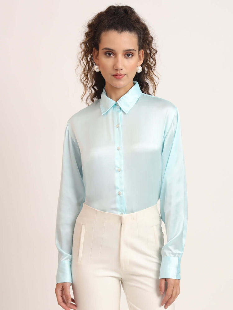 Women'S Premium Sky Blue Regular Fit Solid Satin Shirt