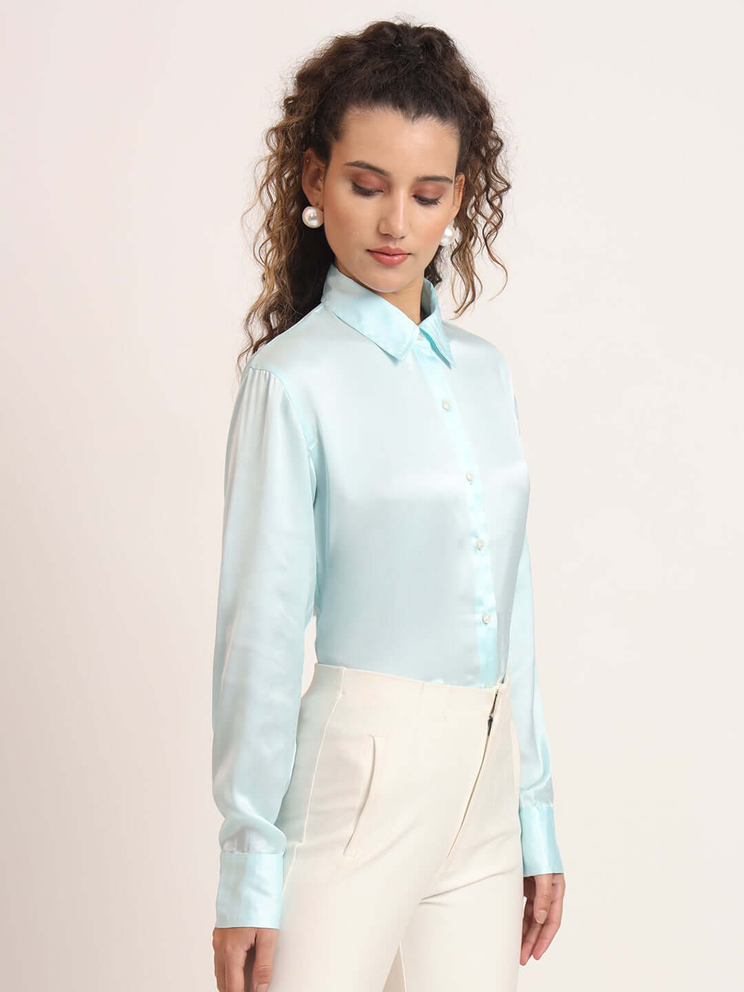 Women'S Premium Sky Blue Regular Fit Solid Satin Shirt