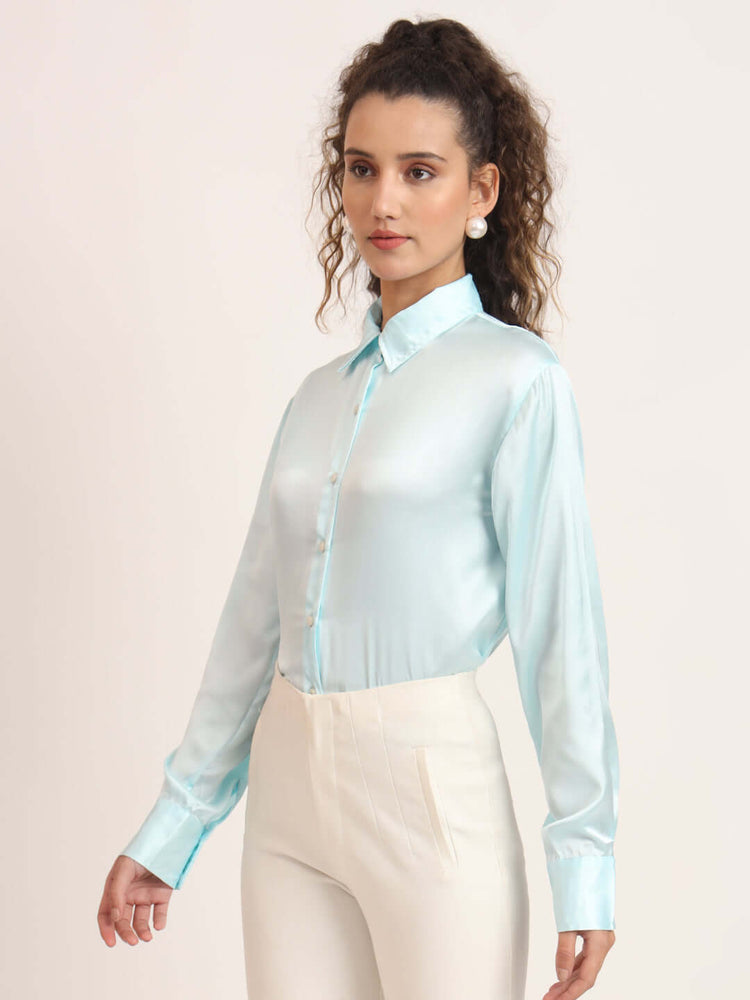 Women'S Premium Sky Blue Regular Fit Solid Satin Shirt