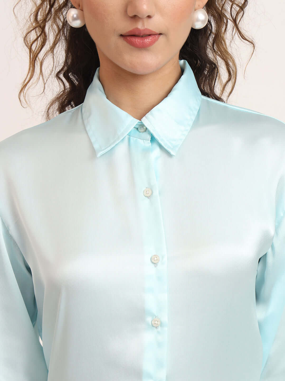 Women'S Premium Sky Blue Regular Fit Solid Satin Shirt