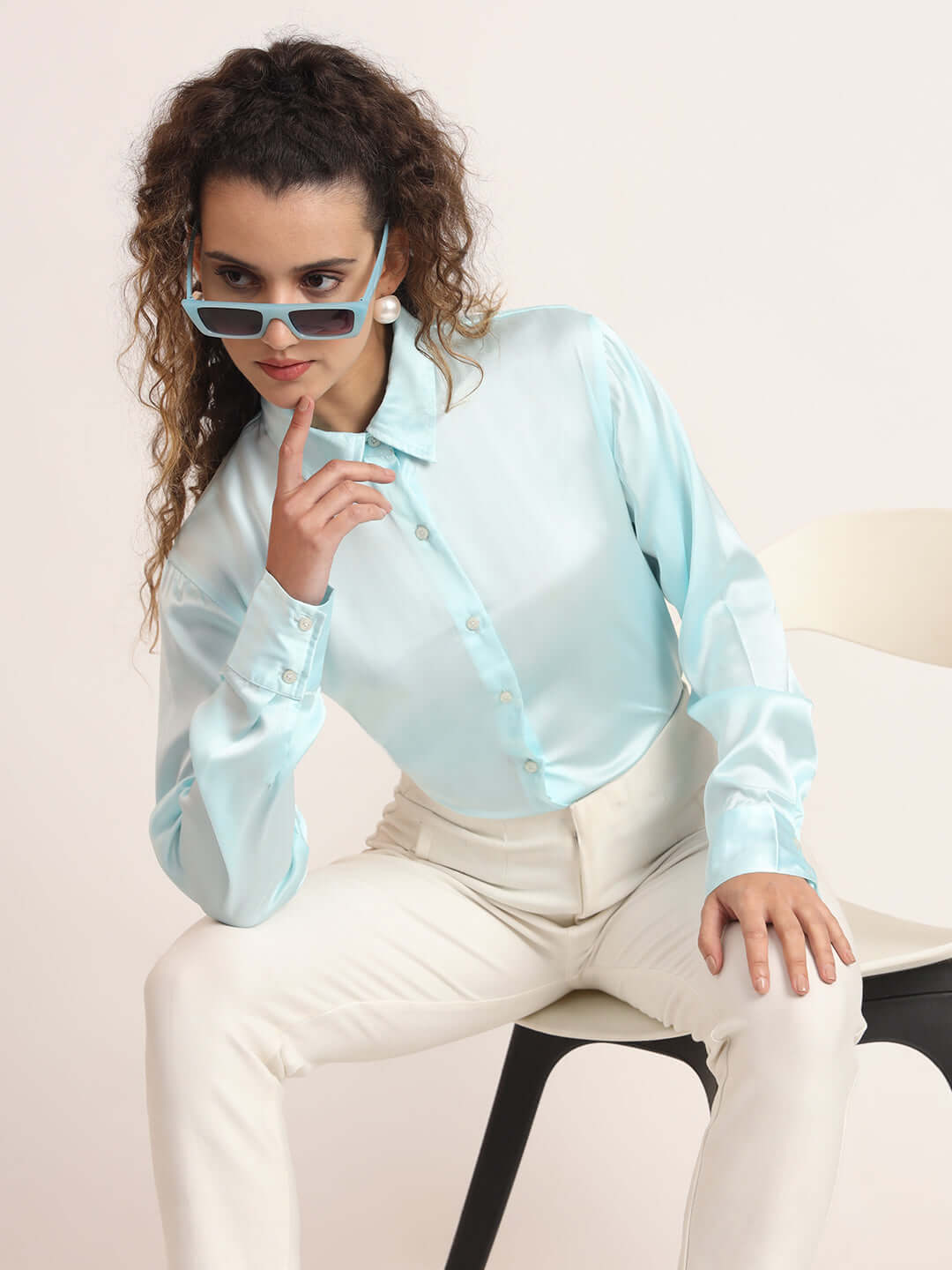Women'S Premium Sky Blue Regular Fit Solid Satin Shirt