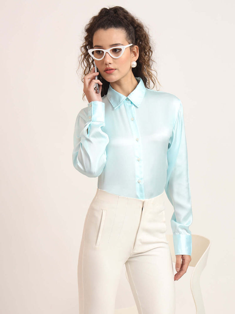 Women'S Premium Sky Blue Regular Fit Solid Satin Shirt