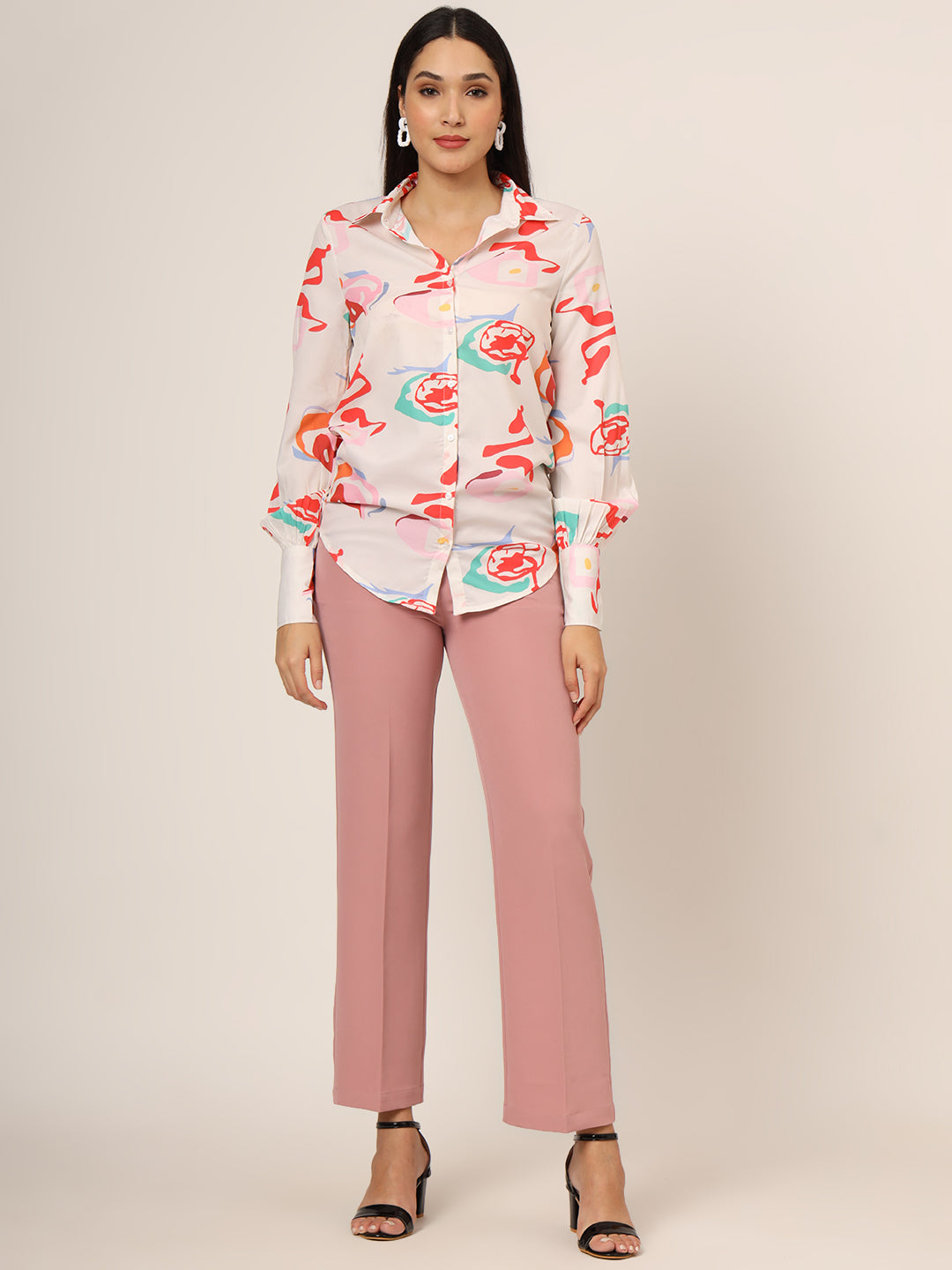 Women'S Premium American Crepe Multicolour Long Length Curved Hem Digital Print Shirt