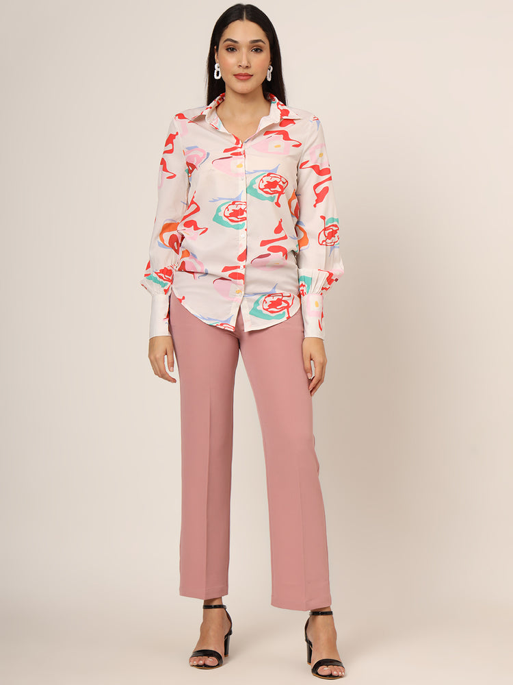 Women'S Premium American Crepe Multicolour Long Length Curved Hem Digital Print Shirt