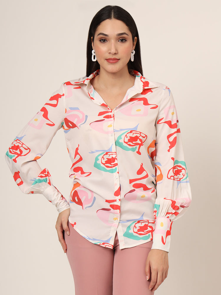 Women'S Premium American Crepe Multicolour Long Length Curved Hem Digital Print Shirt