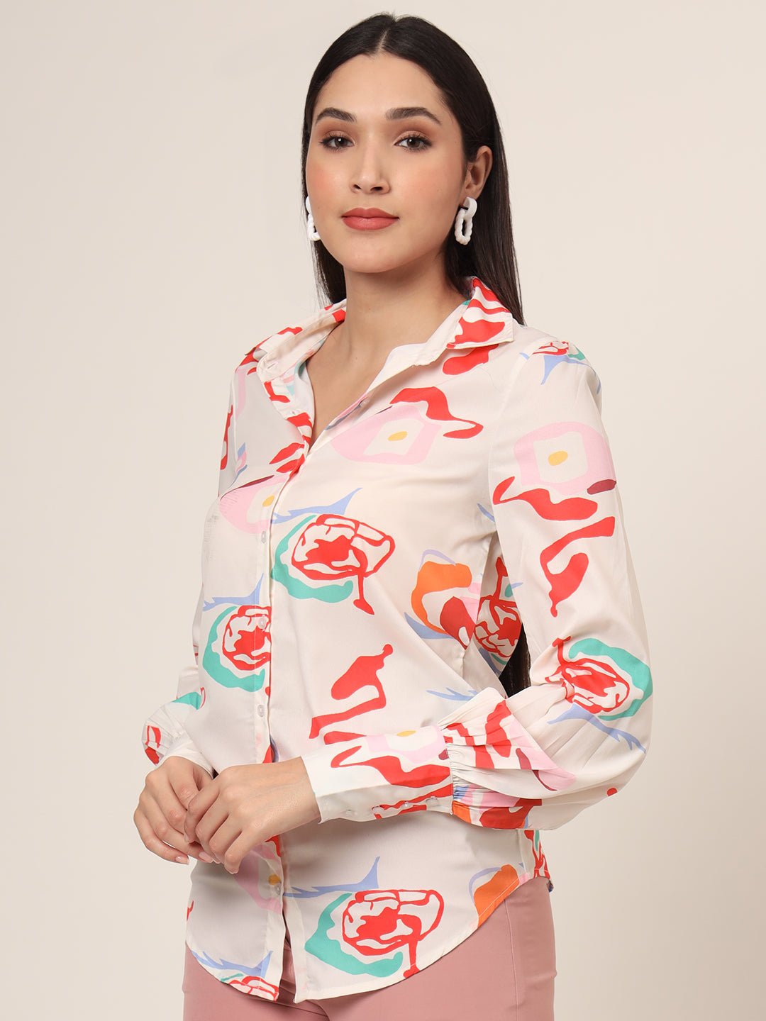 Women'S Premium American Crepe Multicolour Long Length Curved Hem Digital Print Shirt
