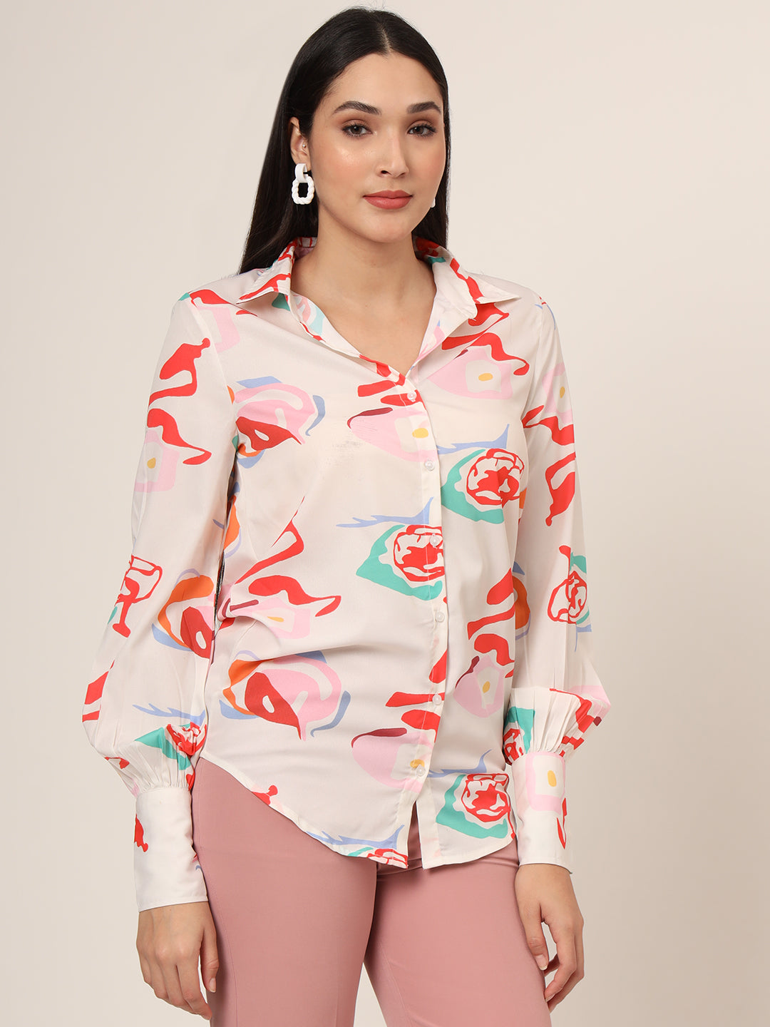 Women'S Premium American Crepe Multicolour Long Length Curved Hem Digital Print Shirt