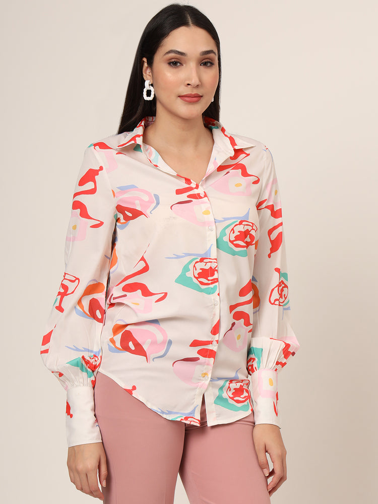 Women'S Premium American Crepe Multicolour Long Length Curved Hem Digital Print Shirt