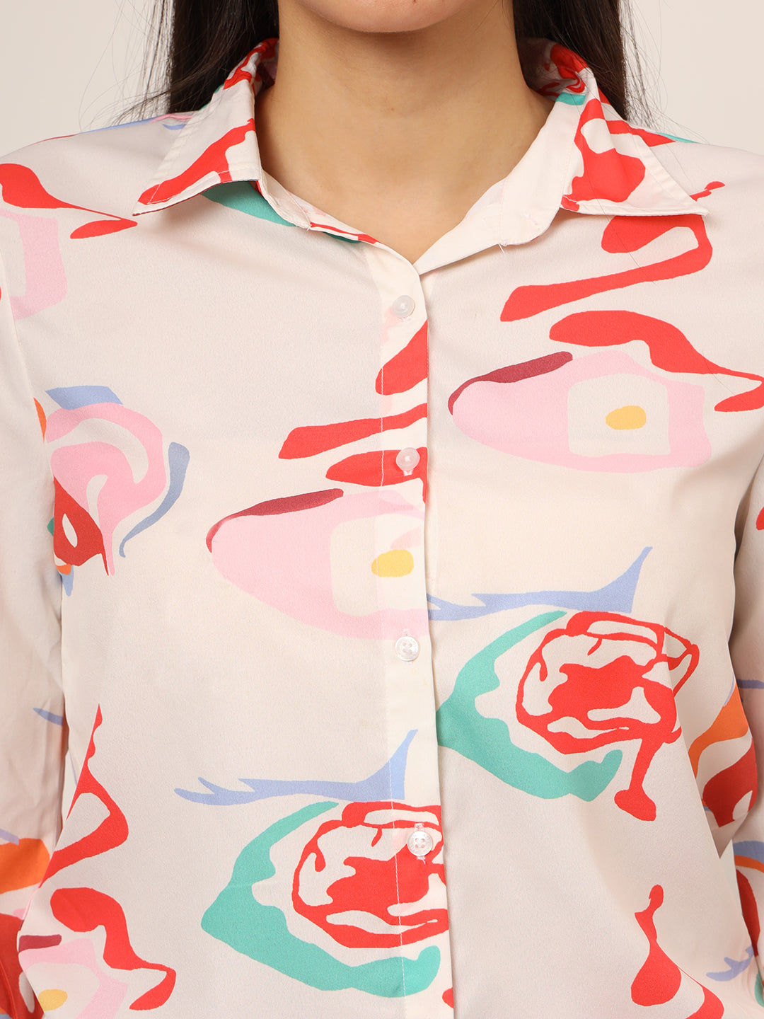 Women'S Premium American Crepe Multicolour Long Length Curved Hem Digital Print Shirt
