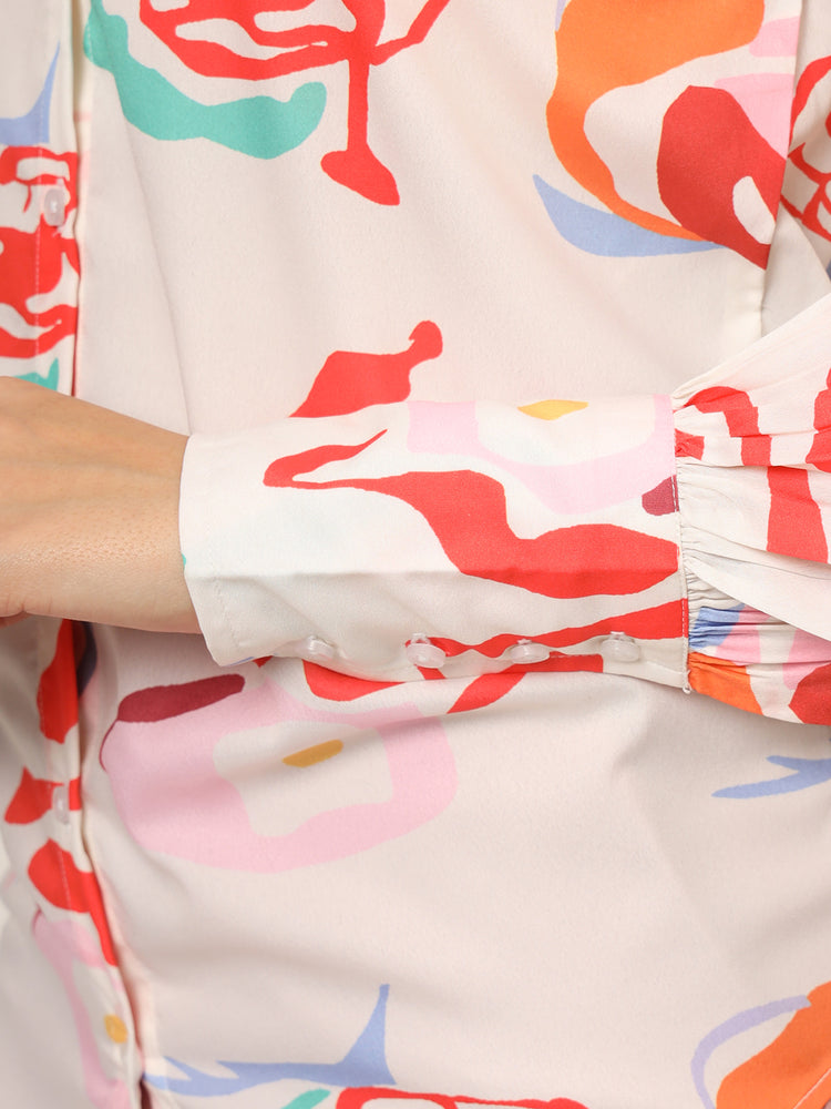 Women'S Premium American Crepe Multicolour Long Length Curved Hem Digital Print Shirt